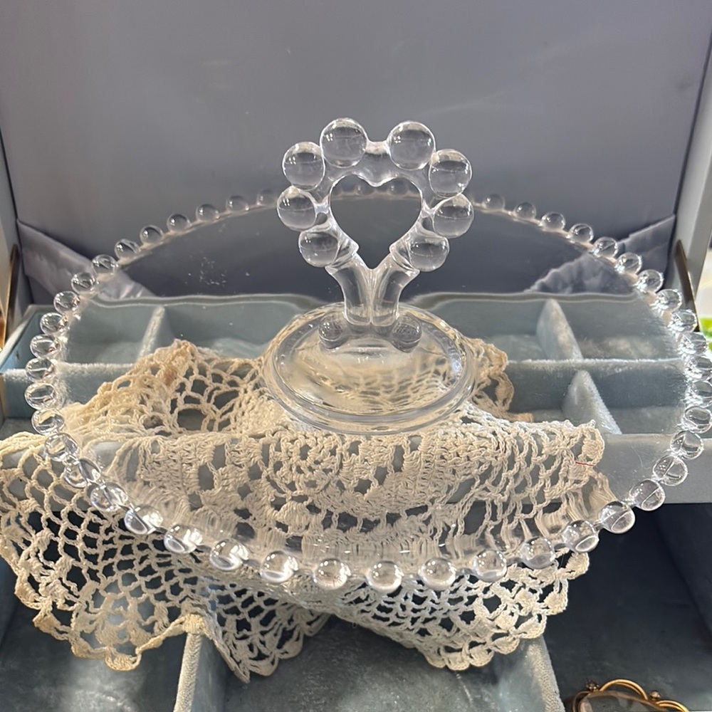 vintage Imperial Glass Candlewick serving tray with a heart-shaped handle. 
10